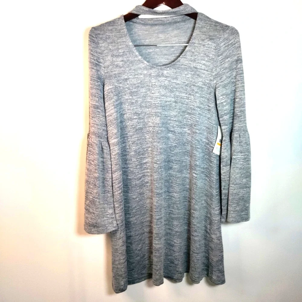 NWT Kensie Gray CHOKER Neck Band‎ Heathered Flare Sleeve Mini Sexy Boho Dress S